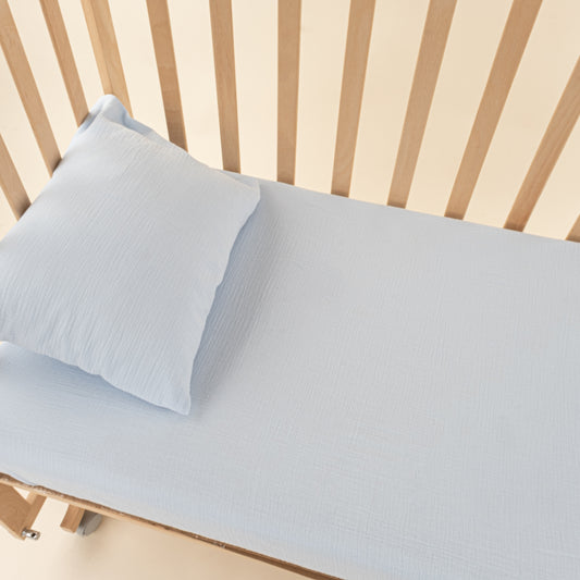 Bebek Lastikli Çarşaf ve Yastık Kılıfı - Mavi İki Katlı Organik Muslin