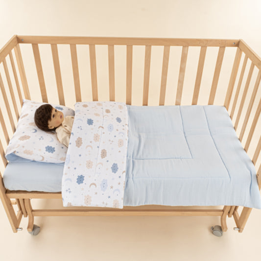 Bebek Yorgan Nevresim Seti - İki Katlı Organik Muslin - Bebe Mavi - Mavi Bulut