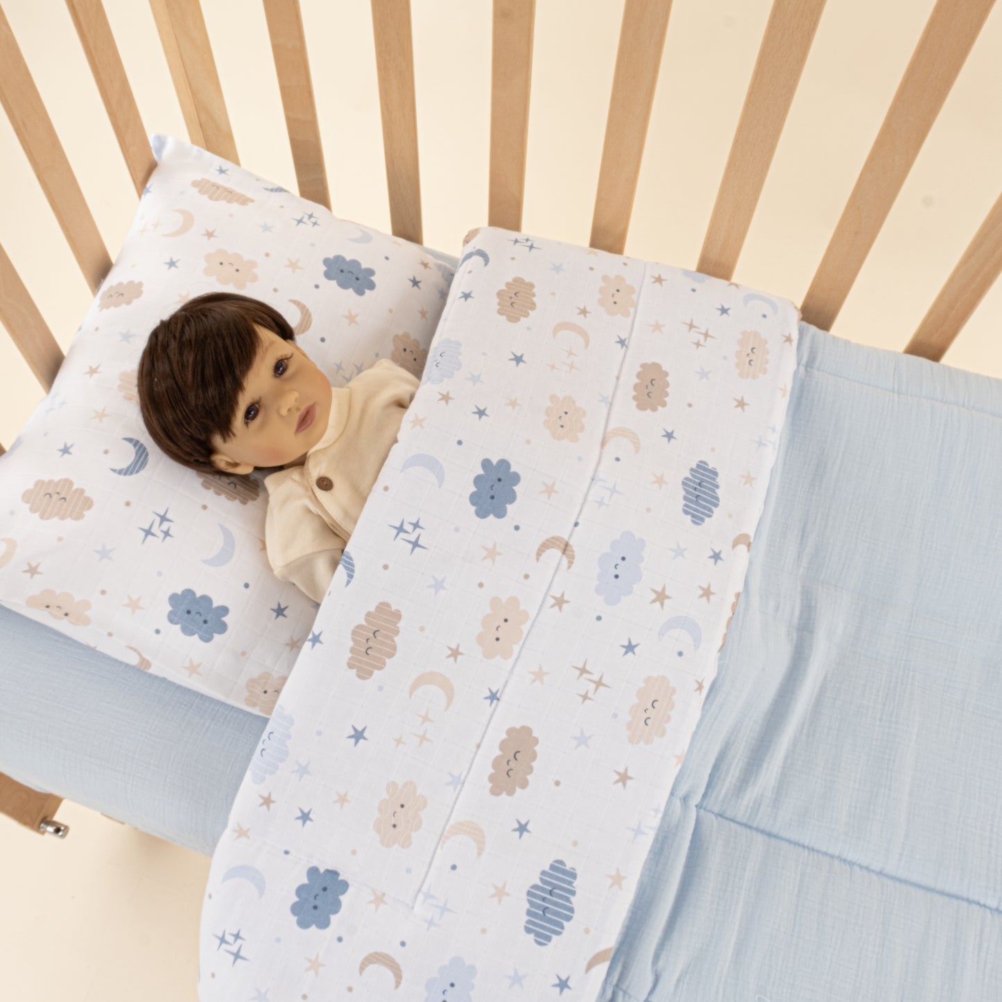 Bebek Yorgan Nevresim Seti - İki Katlı Organik Muslin - Bebe Mavi - Mavi Bulut
