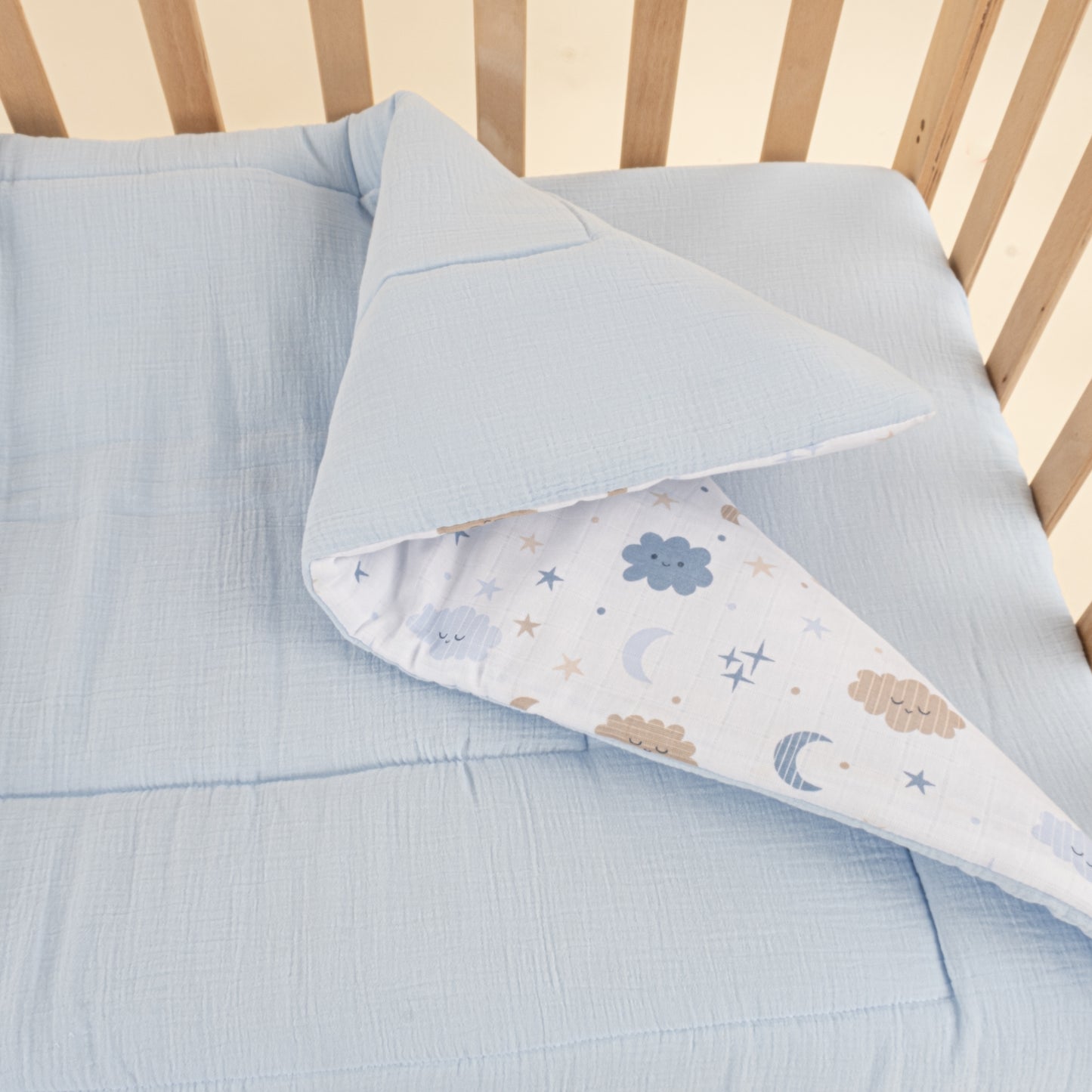 Bebek Yorgan Nevresim Seti - İki Katlı Organik Muslin - Bebe Mavi - Mavi Bulut