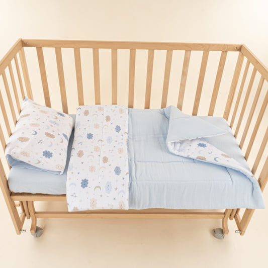 Bebek Yorgan Nevresim Seti - İki Katlı Organik Muslin - Bebe Mavi - Mavi Bulut