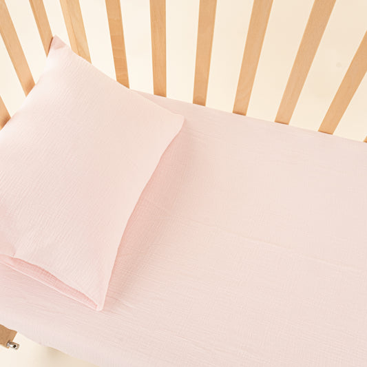 Bebek Lastikli Çarşaf ve Yastık Kılıfı - İki Katlı Organik Muslin - Bebe Pembe