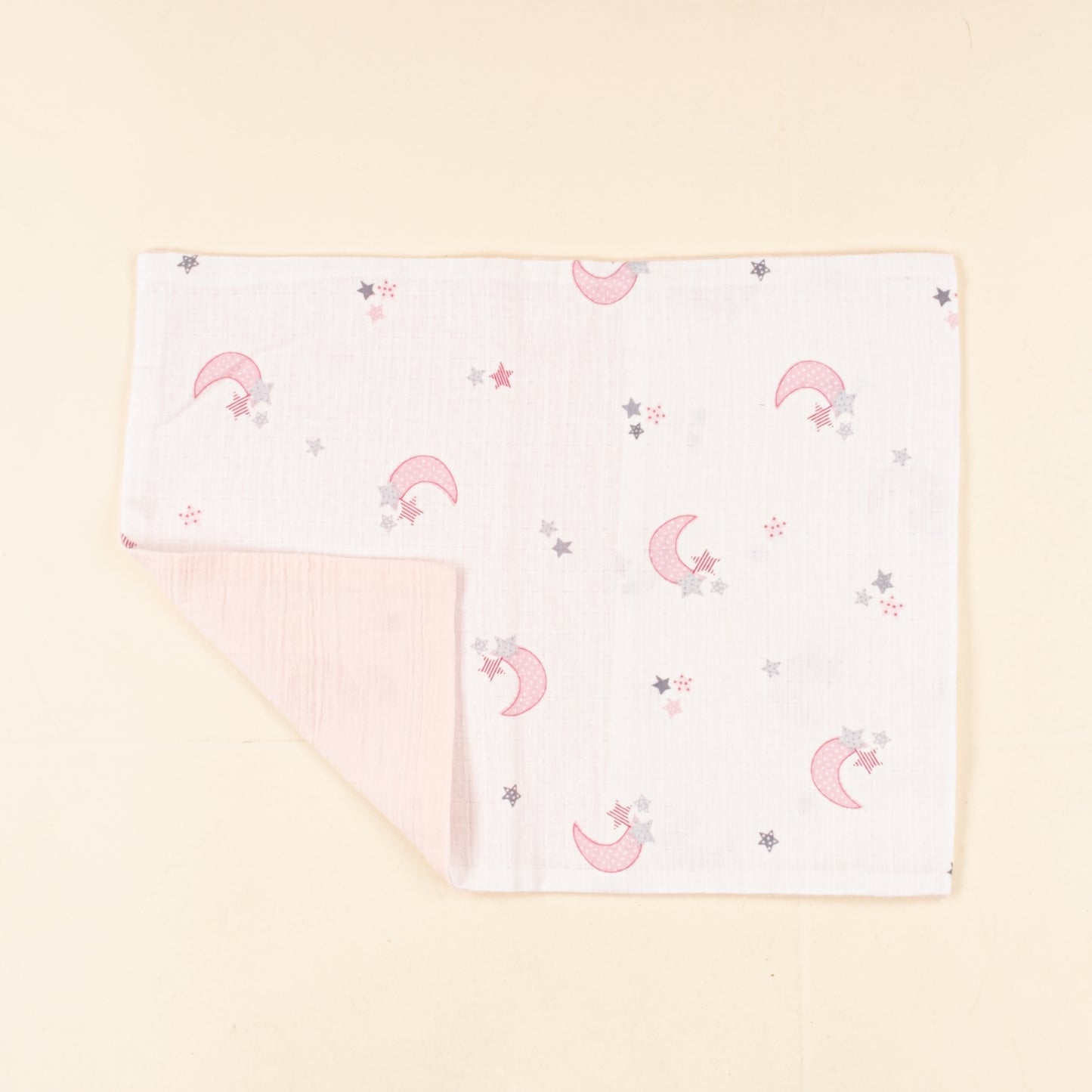 Bebek Lastikli Çarşaf ve Yastık Kılıfı - İki Katlı Organik Muslin - Bebe Pembe - Pembe Ay