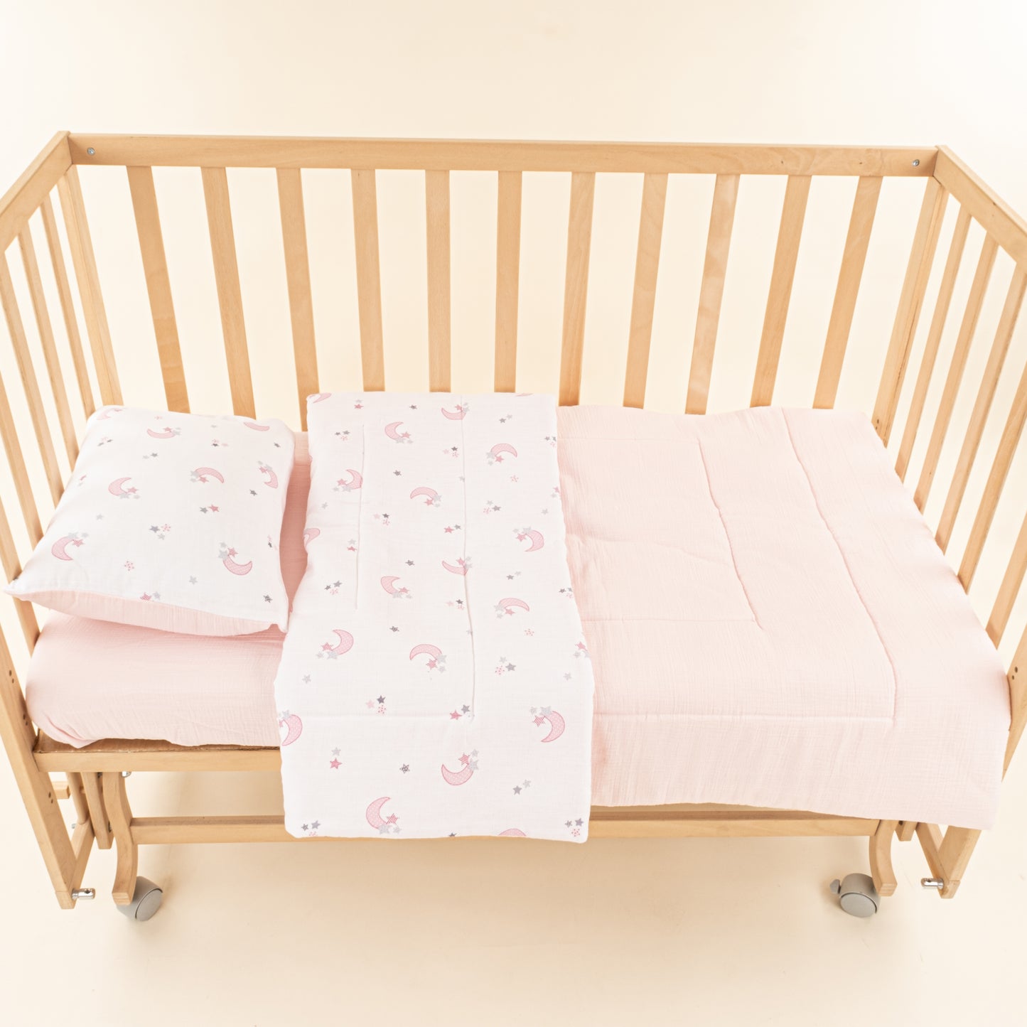 Bebek Yorgan Nevresim Seti - İki Katlı Organik Muslin - Bebe Pembe - Pembe Ay
