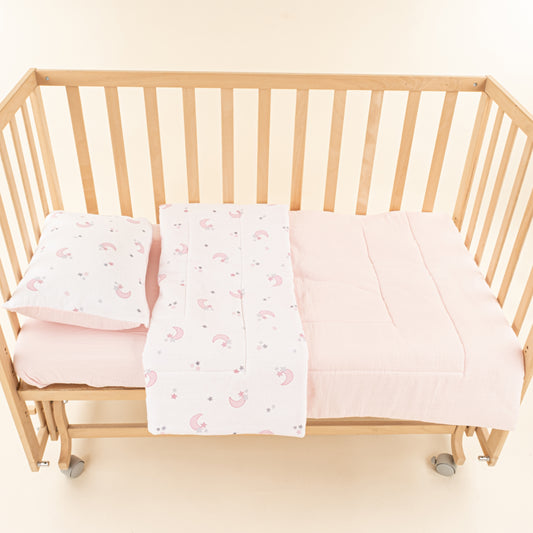 Bebek Yorgan Nevresim Seti - İki Katlı Organik Muslin - Bebe Pembe - Pembe Ay