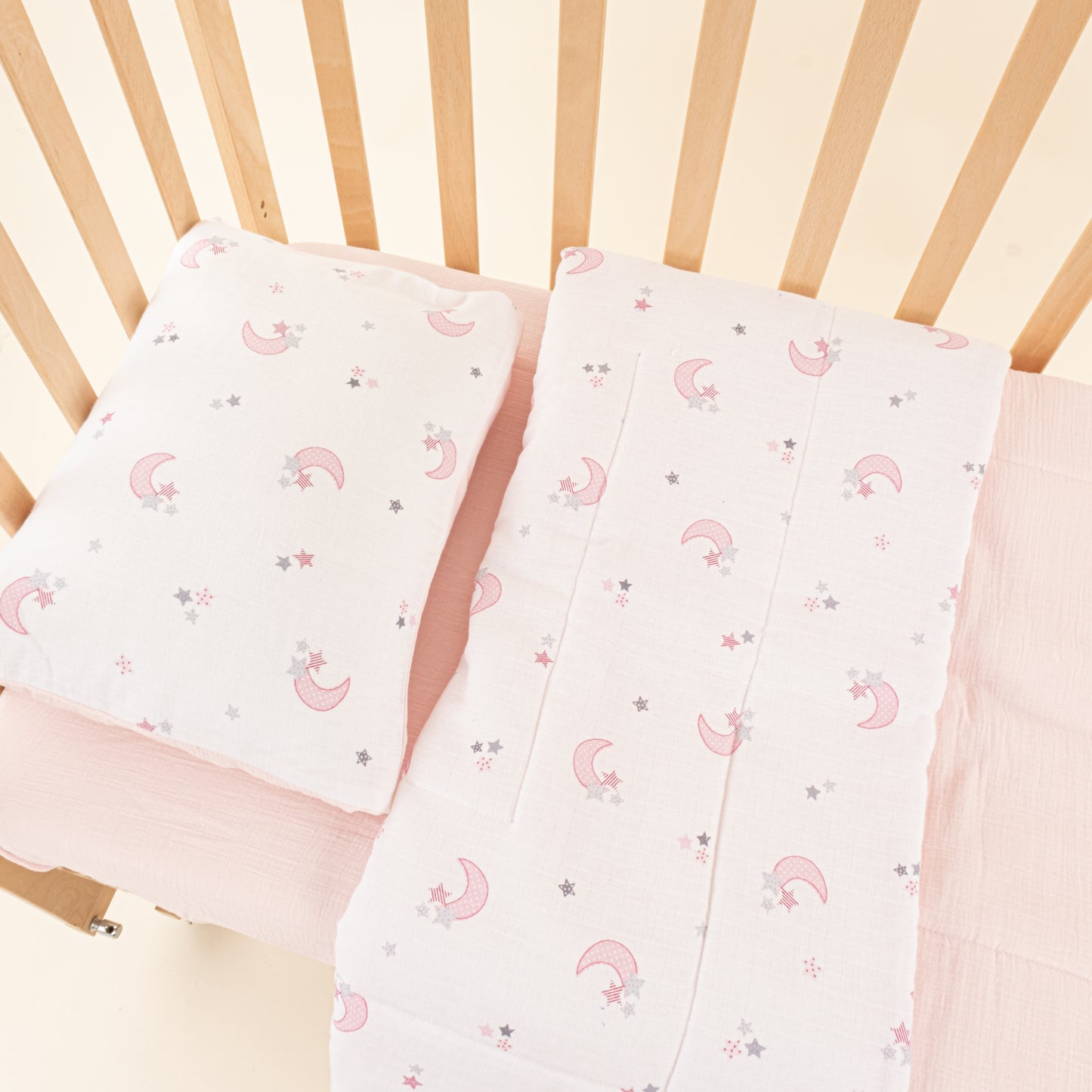 Bebek Yorgan Nevresim Seti - İki Katlı Organik Muslin - Bebe Pembe - Pembe Ay