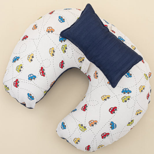 Emzirme Yastığı - Çift Taraflı - Lacivert Saten - Renkli Arabalar