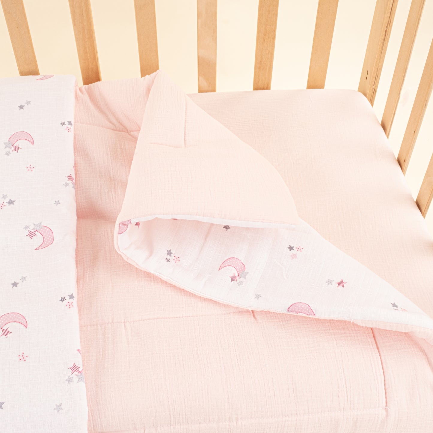 Bebek Yorgan Nevresim Seti - İki Katlı Organik Muslin - Bebe Pembe - Pembe Ay