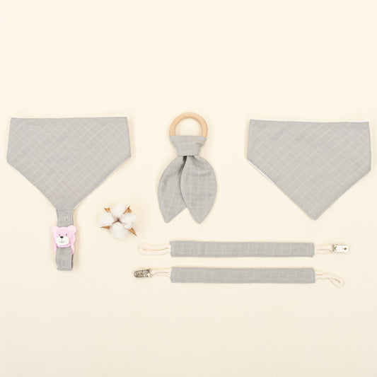 Diş Kaşıyıcı - Emzik Askısı - Salya Önlük Seti - Açık Gri Muslin