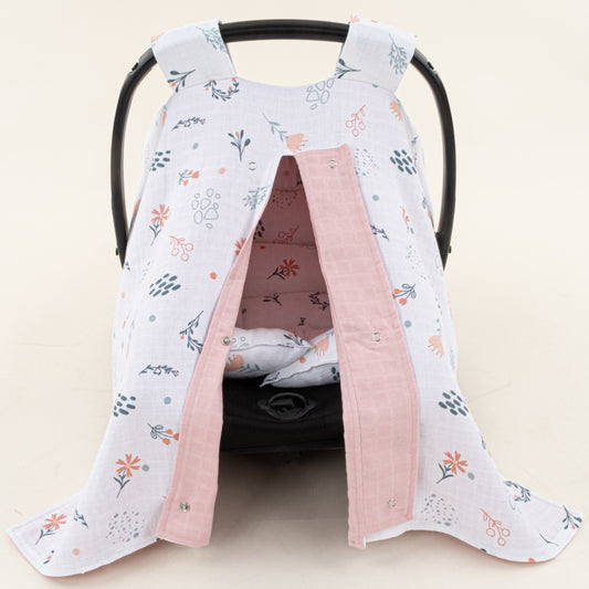 Puset Seti - Çift Taraflı - Pudra Muslin - Yeşil Çiçekler