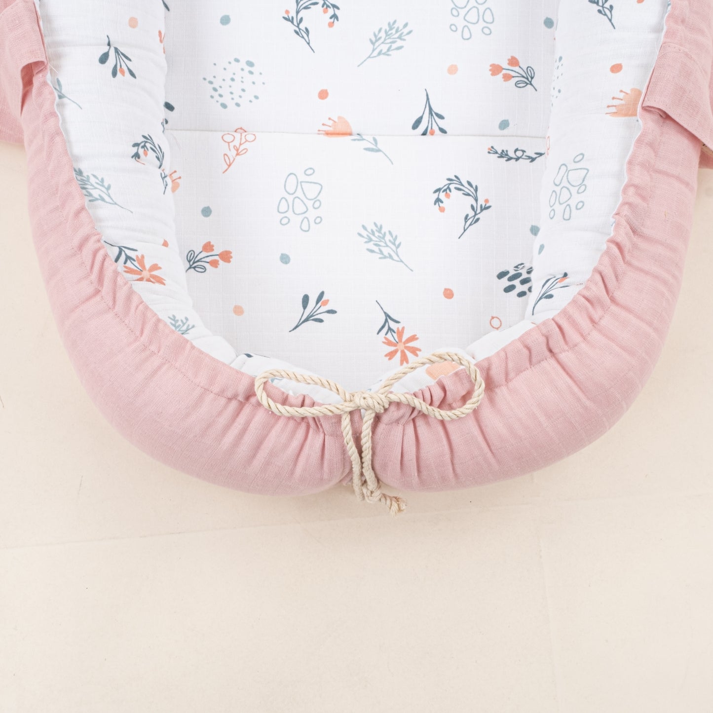 Babynest ve Yastık - Çift Taraflı - Pudra Muslin - Yeşil Çiçekler