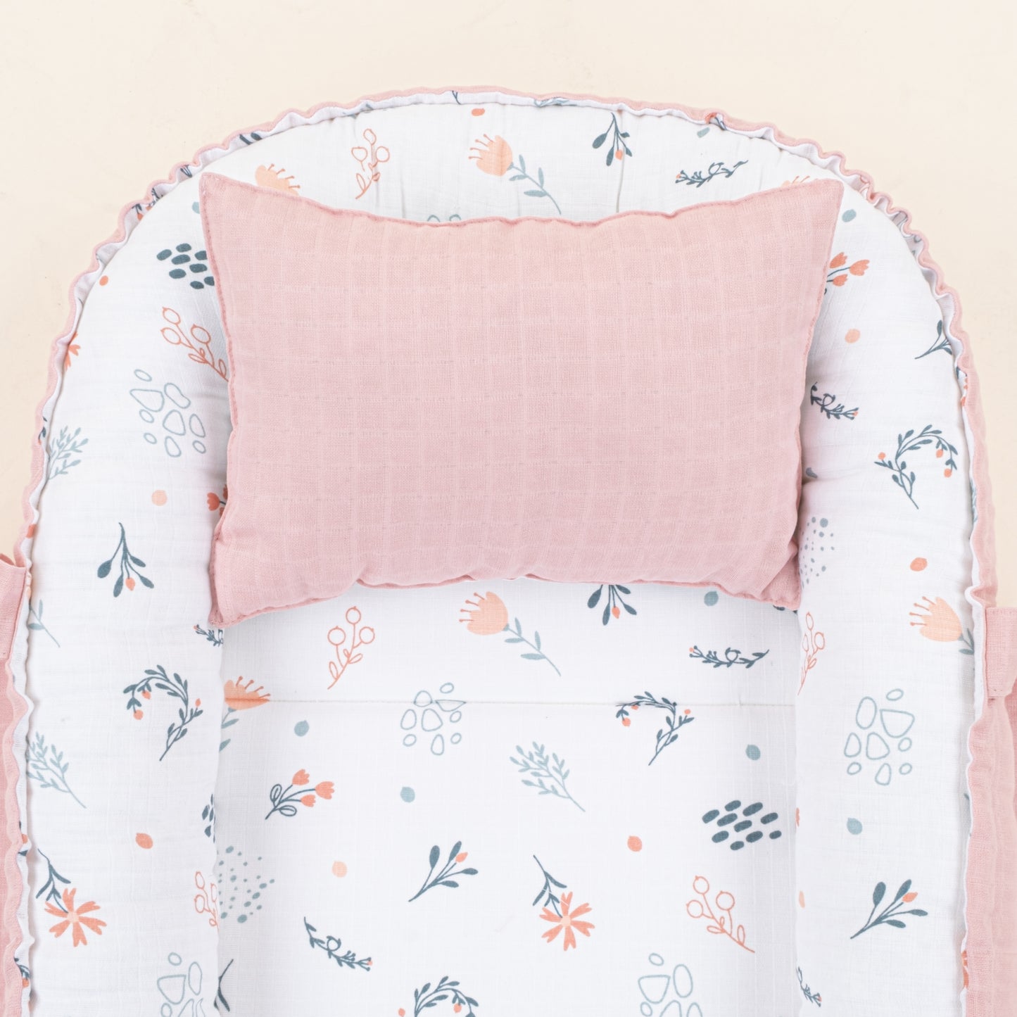 Babynest ve Yastık - Çift Taraflı - Pudra Muslin - Yeşil Çiçekler