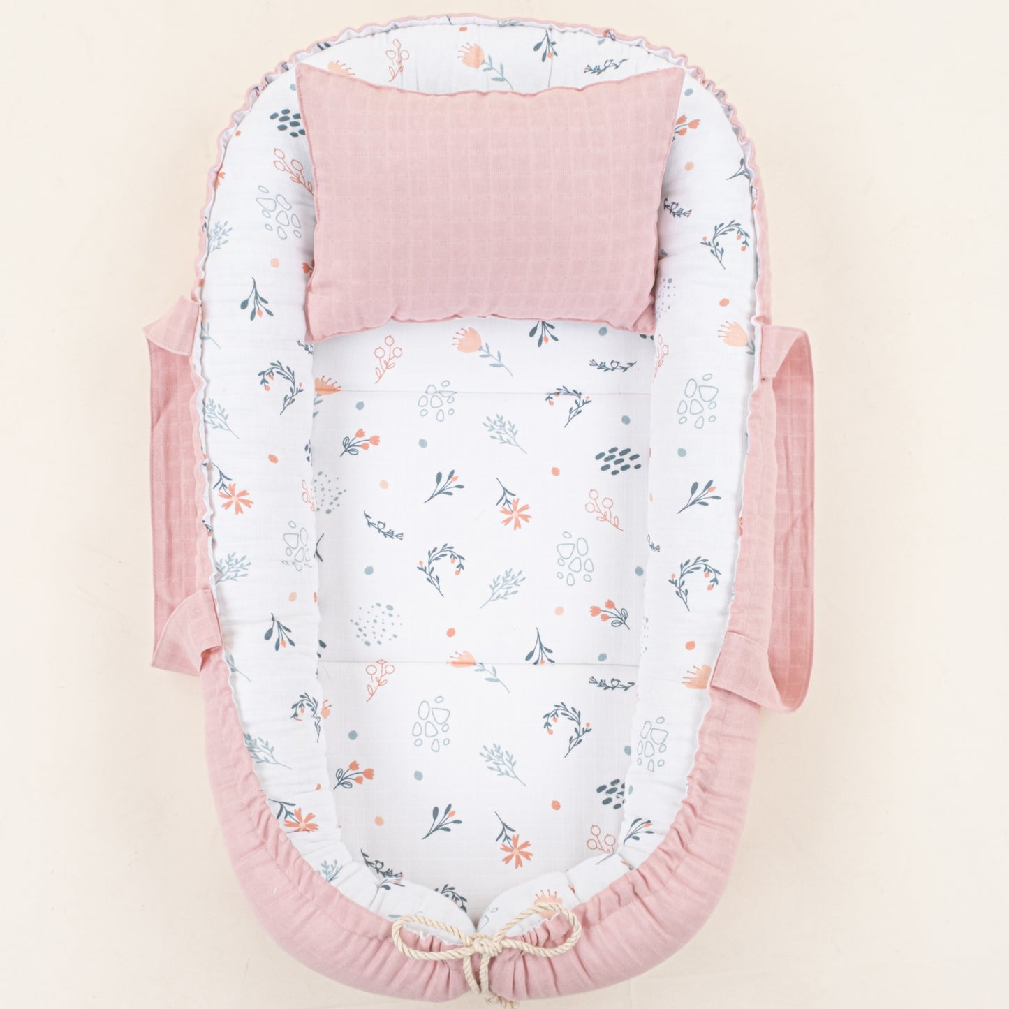 Babynest ve Yastık - Çift Taraflı - Pudra Muslin - Yeşil Çiçekler