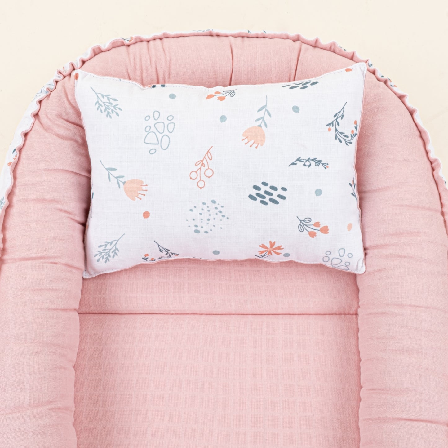 Babynest ve Yastık - Çift Taraflı - Pudra Muslin - Yeşil Çiçekler