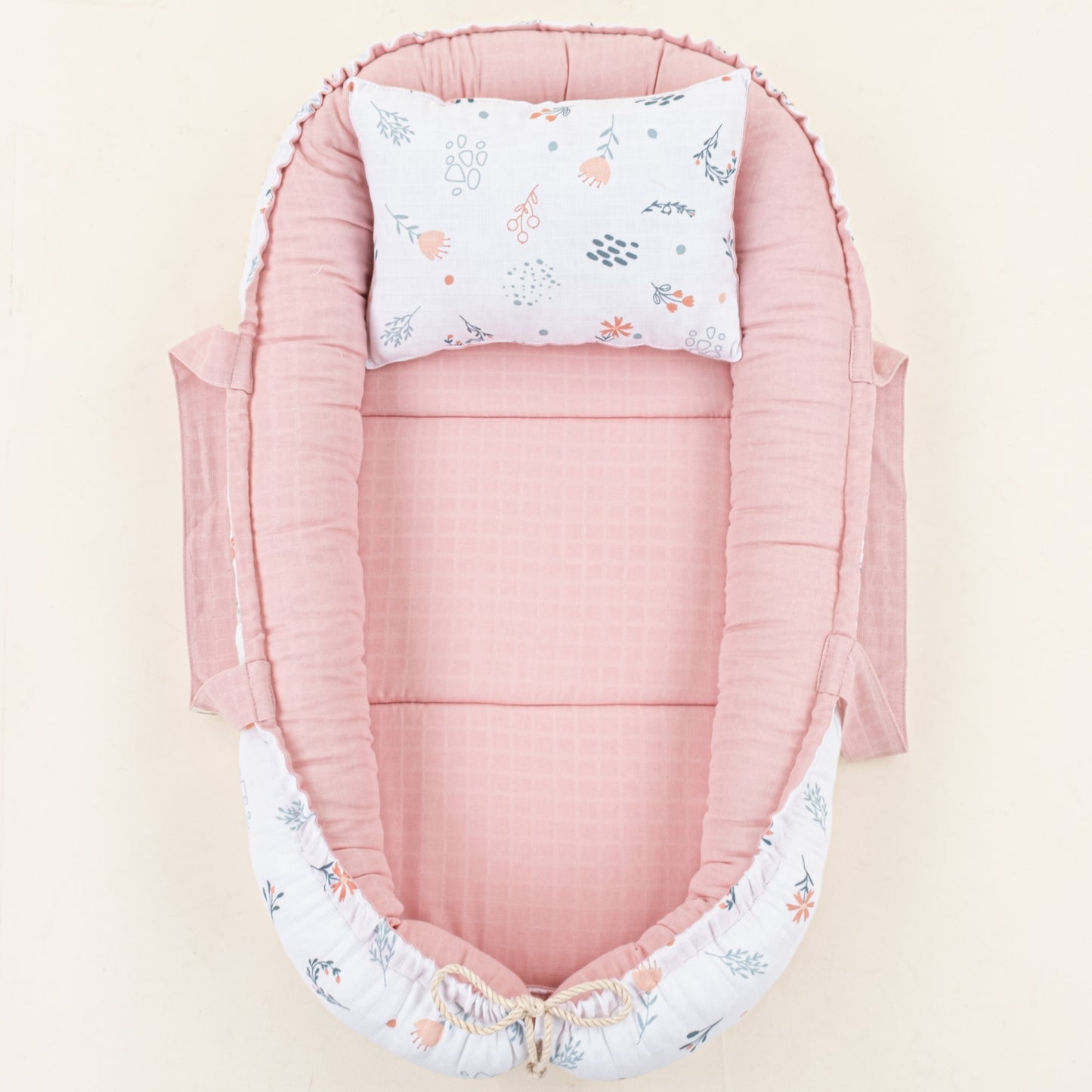 Babynest ve Yastık - Çift Taraflı - Pudra Muslin - Yeşil Çiçekler