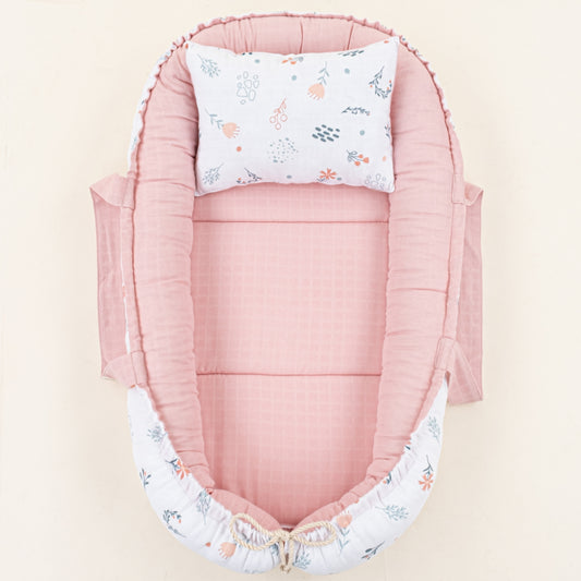 Babynest ve Yastık - Çift Taraflı - Pudra Muslin - Yeşil Çiçekler