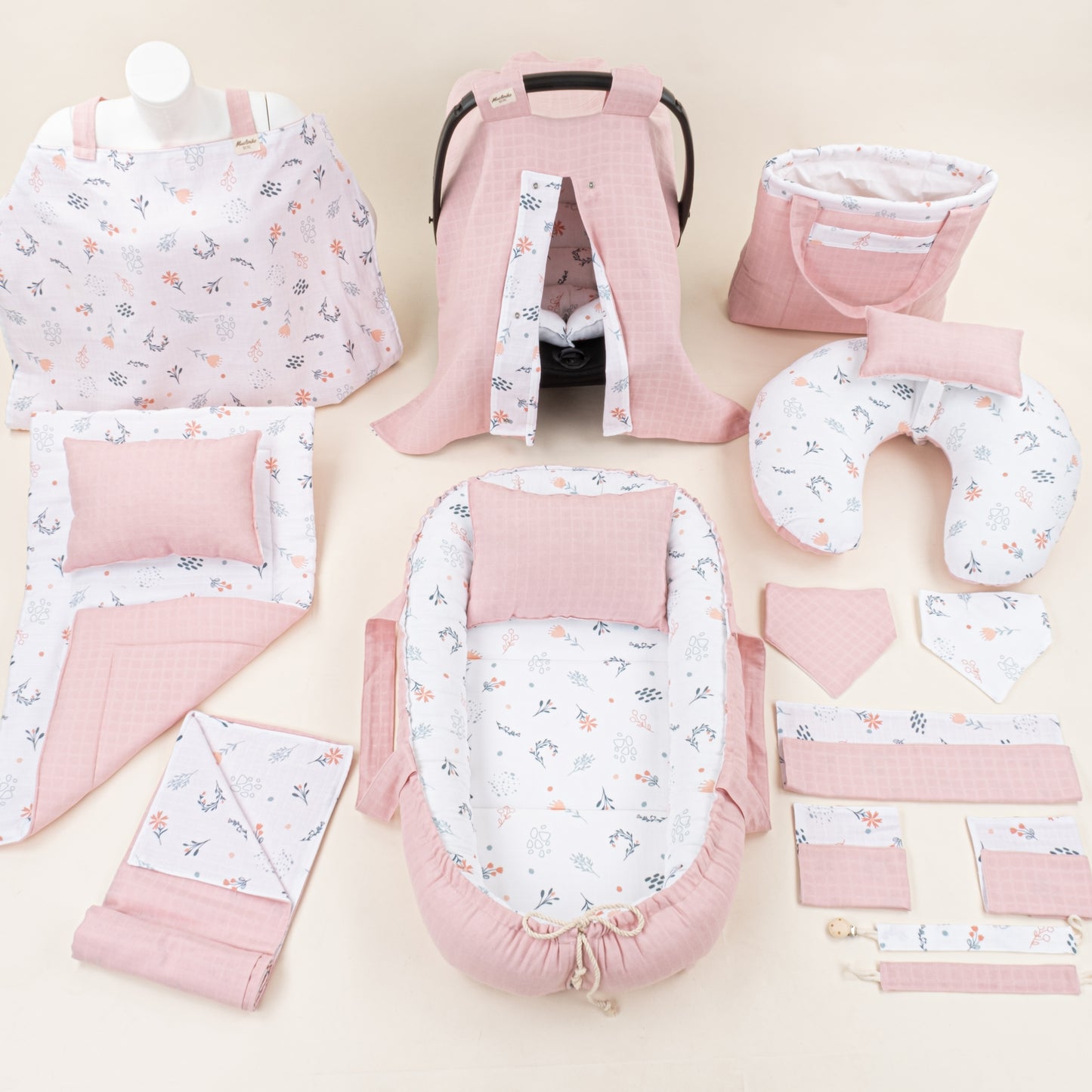 18 Parça Full Set - Çift Taraflı - Pudra Muslin - Yeşil Çiçekler