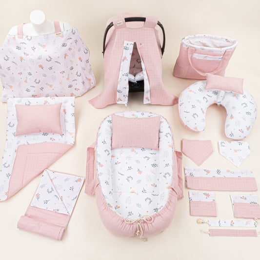 18 Parça Full Set - Çift Taraflı - Pudra Muslin - Yeşil Çiçekler