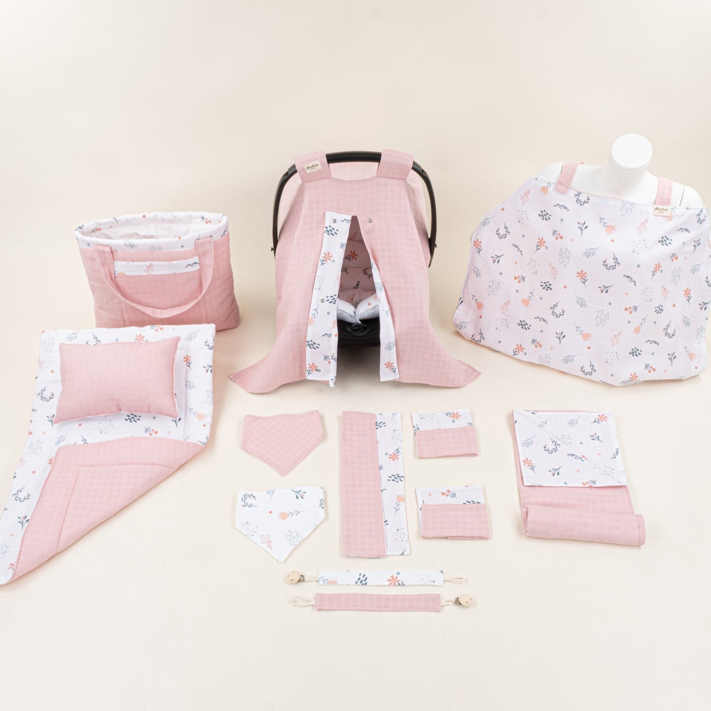 14 Parça Avantajlı Set - Çift Taraflı - Pudra Muslin - Yeşil Çiçekler