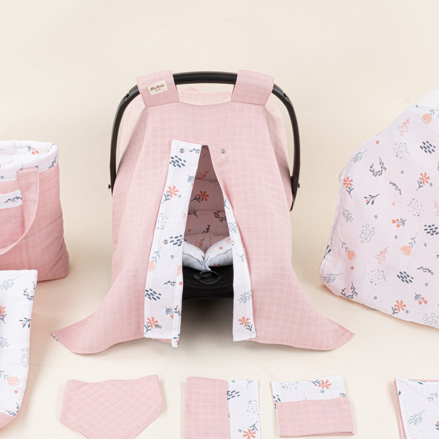 14 Parça Avantajlı Set - Çift Taraflı - Pudra Muslin - Yeşil Çiçekler