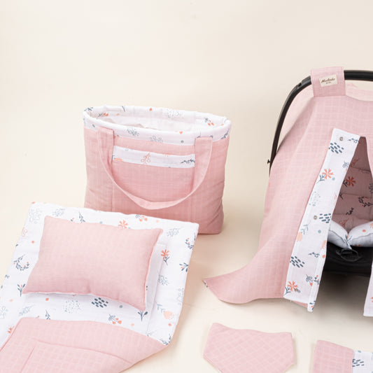 14 Parça Avantajlı Set - Çift Taraflı - Pudra Muslin - Yeşil Çiçekler