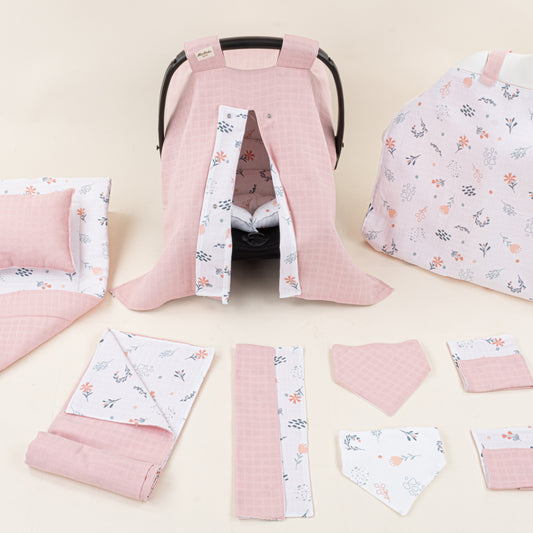 11 Parça Avantajlı Set - Çift Taraflı - Pudra Muslin - Yeşil Çiçekler