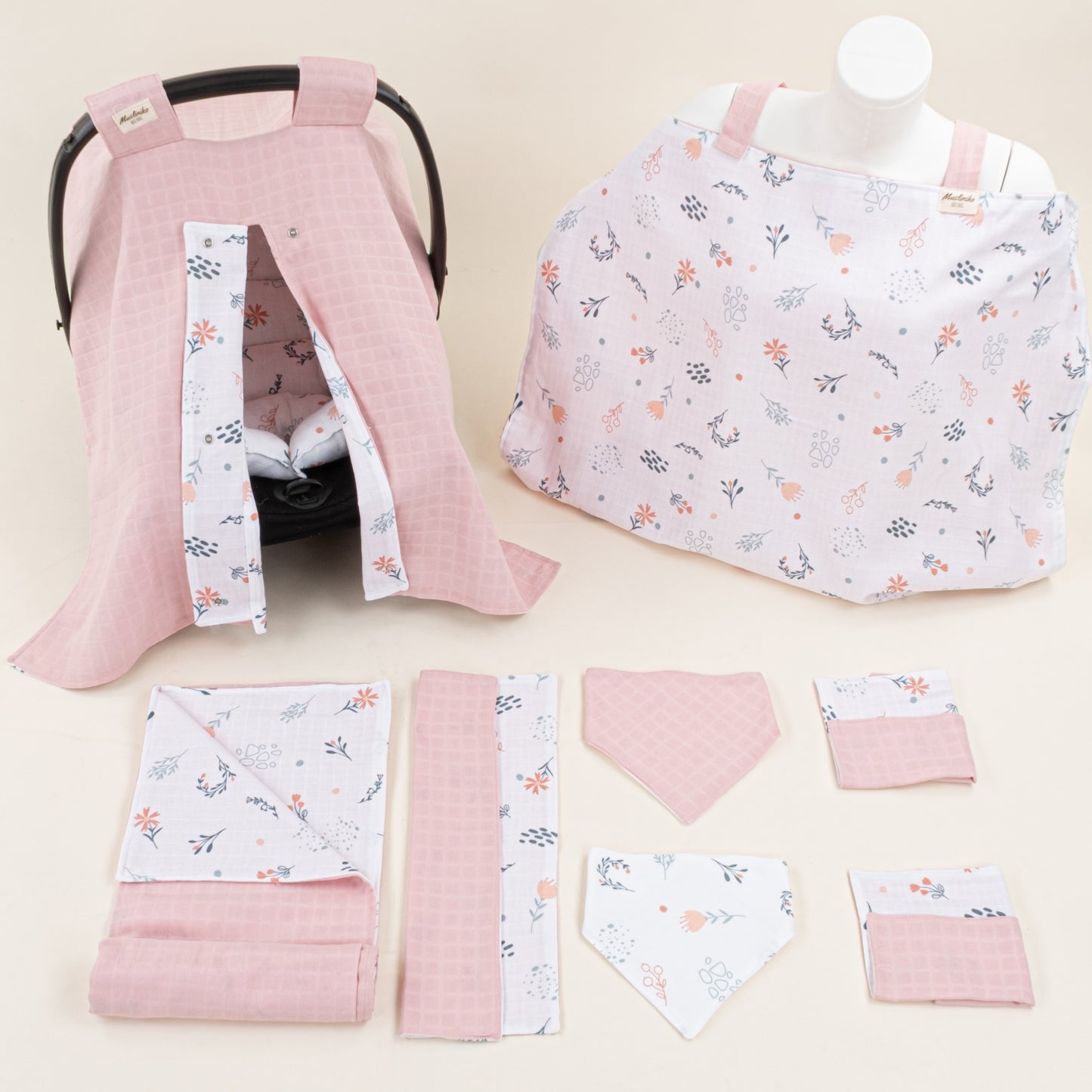 9 Parça Avantajlı Set - Çift Taraflı - Pudra Muslin - Yeşil Çiçekler