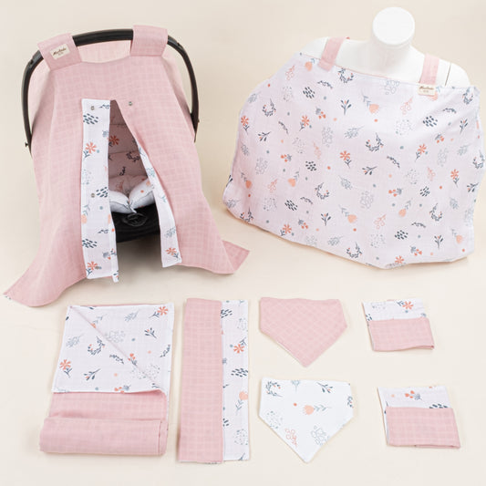 9 Parça Avantajlı Set - Çift Taraflı - Pudra Muslin - Yeşil Çiçekler