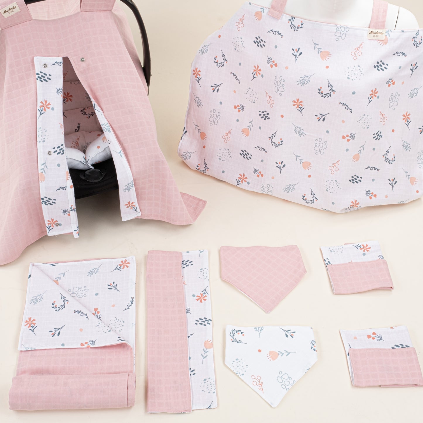 9 Parça Avantajlı Set - Çift Taraflı - Pudra Muslin - Yeşil Çiçekler