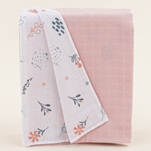 Çift Taraflı Muslin Örtü - Pudra Muslin - Yeşil Çiçekler