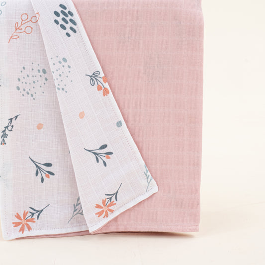 Çift Taraflı Muslin Örtü - Pudra Muslin - Yeşil Çiçekler