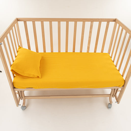 Bebek Lastikli Çarşaf ve Yastık Kılıfı - Dört Katlı Organik Muslin - Hardal