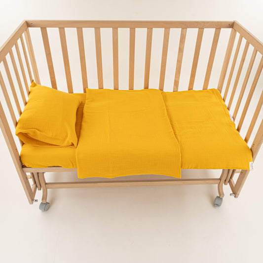 Bebek Dört Katlı Organik Muslin Nevresim Seti (Yorgan Kılıfı,Yastık Kılıfı,Lastikli Çarşaf) - Dört Katlı Organik Muslin Hardal