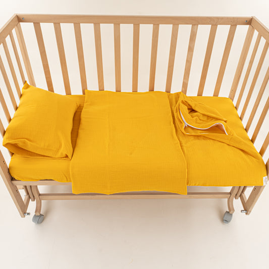 Bebek Dört Katlı Organik Muslin Nevresim Seti (Yorgan Kılıfı,Yastık Kılıfı,Lastikli Çarşaf) - Dört Katlı Organik Muslin Hardal