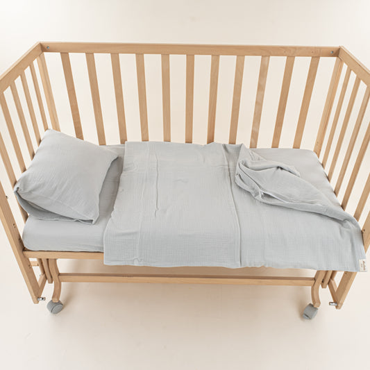 Bebek İki Katlı Organik Muslin Nevresim Seti (Yorgan Kılıfı,Yastık Kılıfı,Lastikli Çarşaf) - İki Katlı Organik Muslin gri