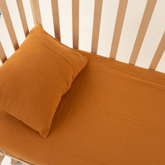 Bebek Lastikli Çarşaf ve Yastık Kılıfı - Dört Katlı Organik Muslin - Hardal