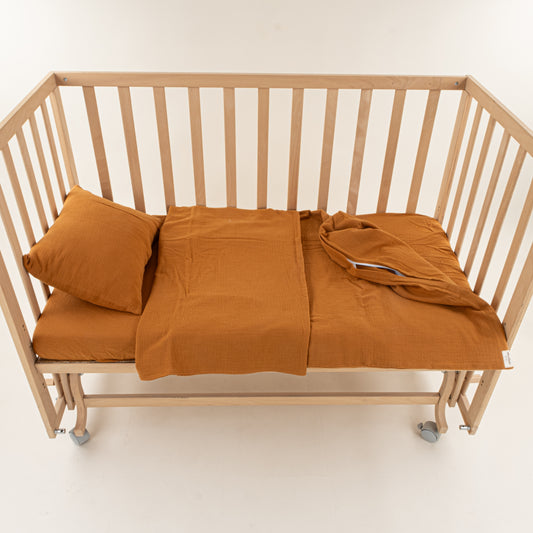 Bebek Dört Katlı Organik Muslin Nevresim Seti (Yorgan Kılıfı,Yastık Kılıfı,Lastikli Çarşaf) - Dört Katlı Organik Muslin Taba