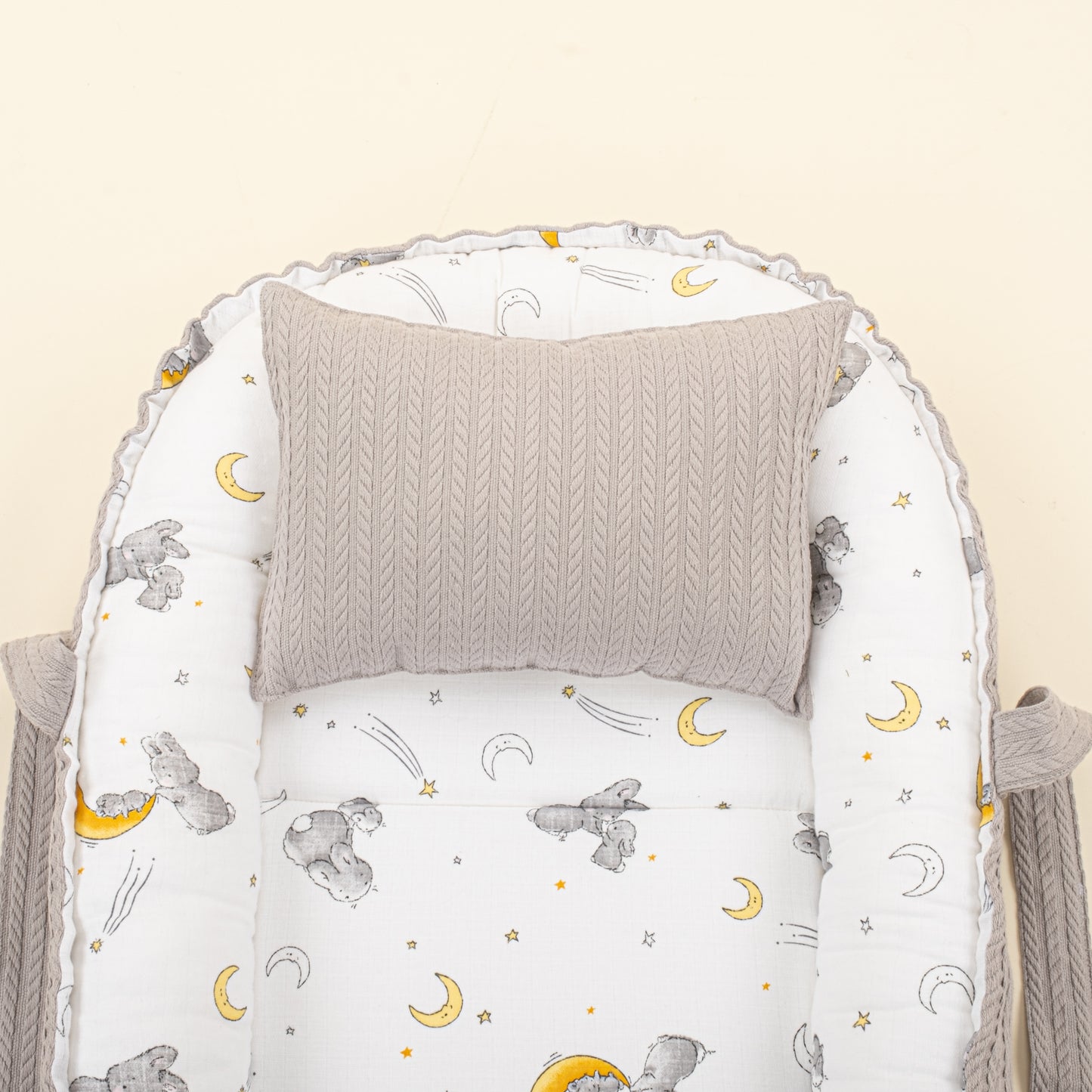 Babynest ve Yastık - Çift Taraflı - Gri Örgü - Gri Tavşan