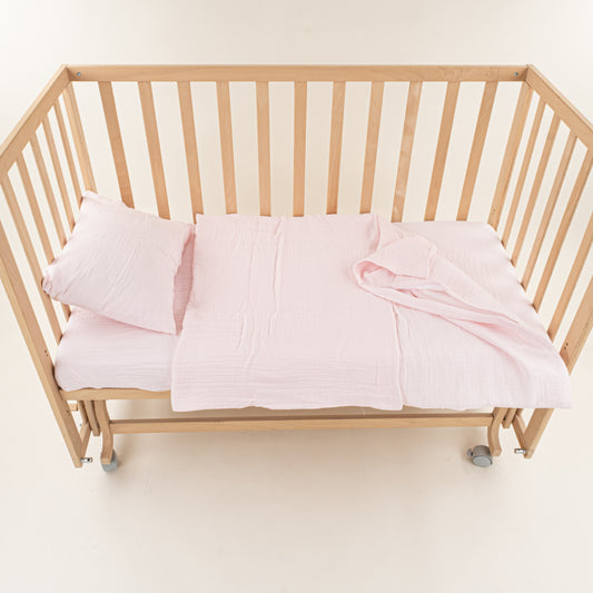 Bebek İki Katlı Organik Muslin Nevresim Seti (Yorgan Kılıfı,Yastık Kılıfı,Lastikli Çarşaf) - İki Katlı Organik Muslin Bebe Pembe