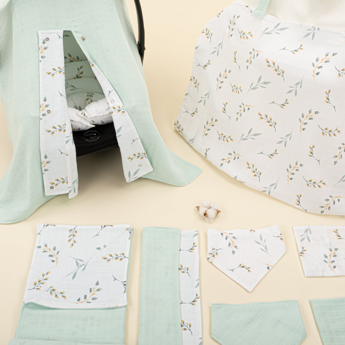 9 Parça Avantajlı Set - Çift Taraflı - Mint Muslin - Yapraklar