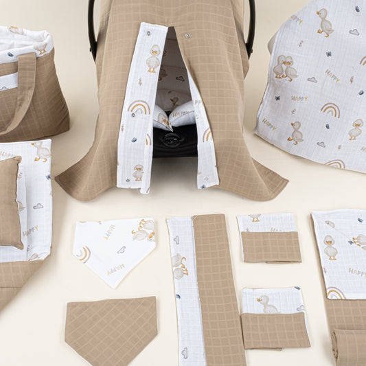 14 Parça Full Set - Çift Taraflı - Toprak Muslin - Kahverengi Ördek