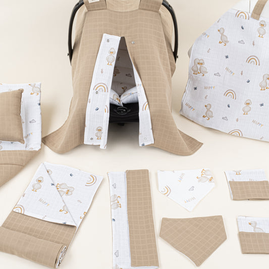 11 Parça Full Set - Çift Taraflı - Toprak Muslin - Kahverengi Ördek