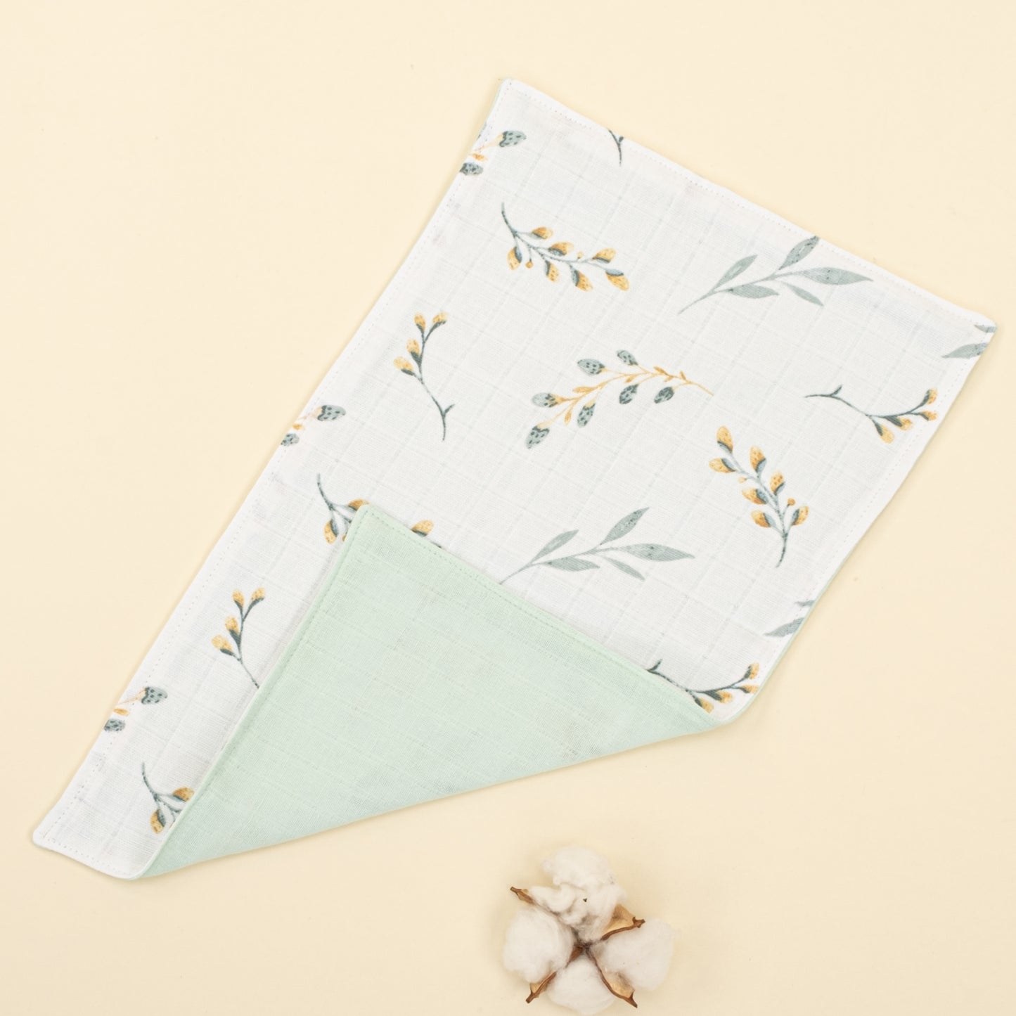 Önlük ve Mendil Seti - Çift Taraflı - Mint Muslin - Yapraklar