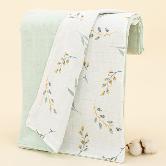 Çift Taraflı Muslin Örtü - Mint Muslin - Yapraklar