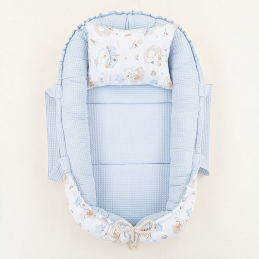 Babynest ve Yastık - Çift Taraflı - Bebe Mavi Petek - Uykucu Ördek