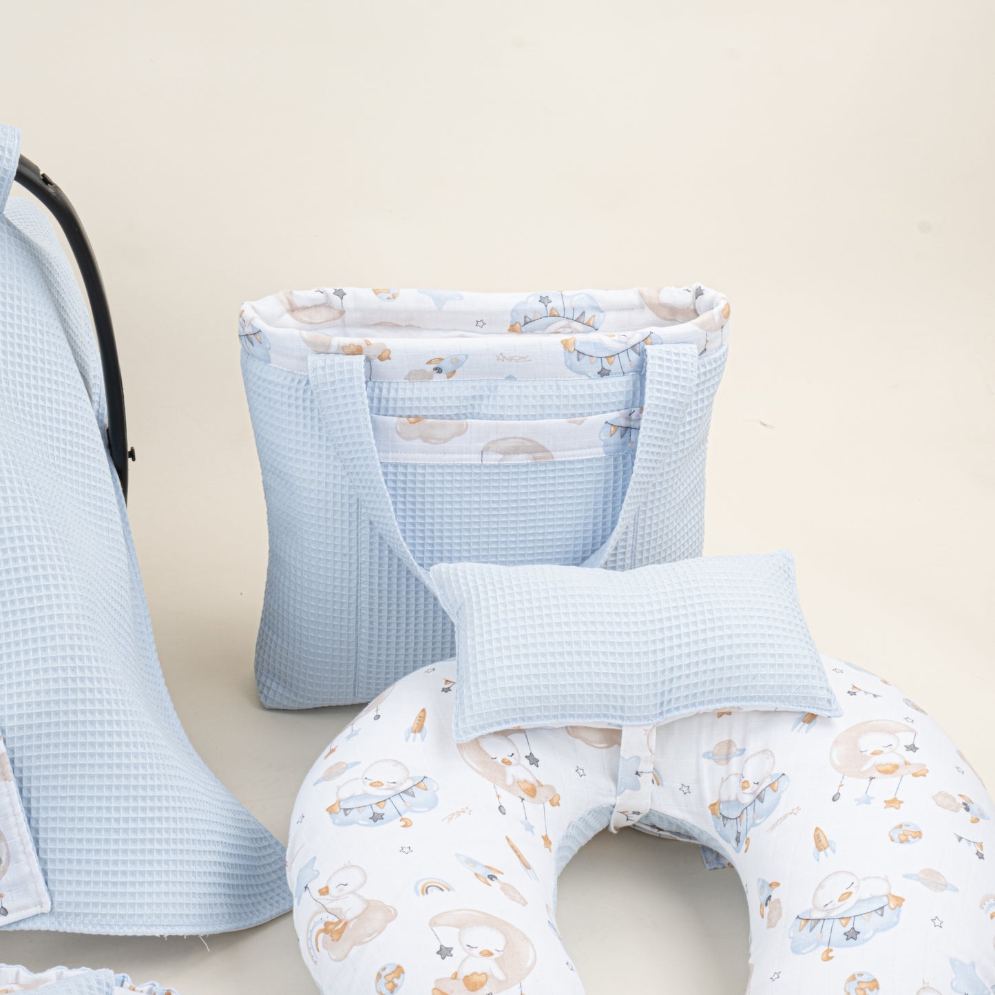 18 Parça Full Set - Çift Taraflı - Bebe Mavi Petek - Uykucu Ördek