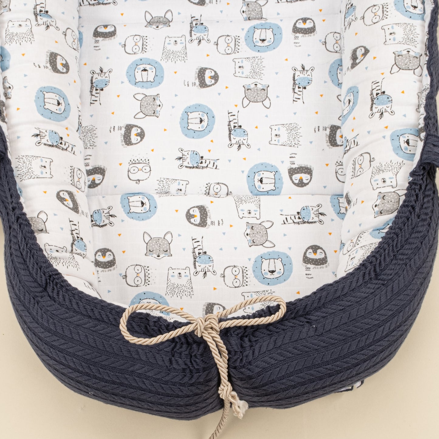 Babynest ve Yastık - Çift Taraflı - Lacivert Örgü - Mavi Aslan