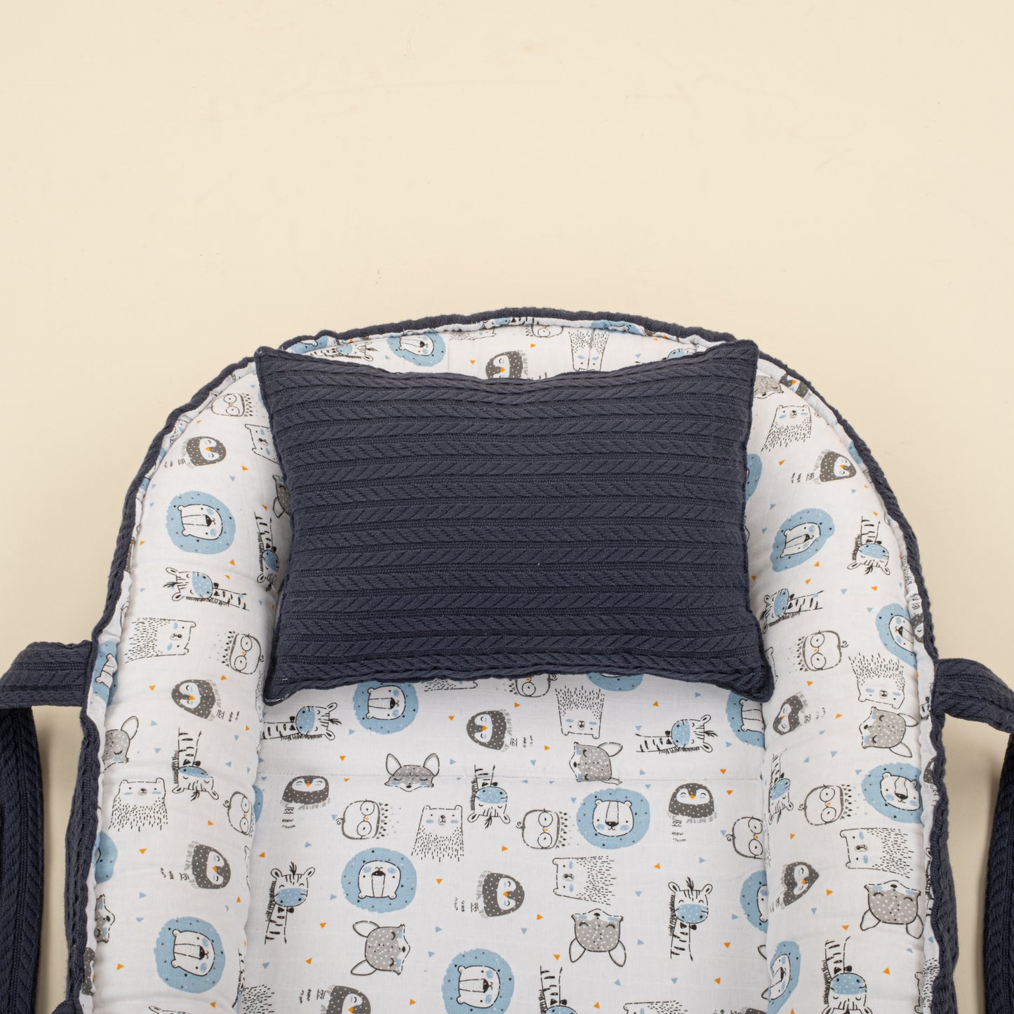 Babynest ve Yastık - Çift Taraflı - Lacivert Örgü - Mavi Aslan