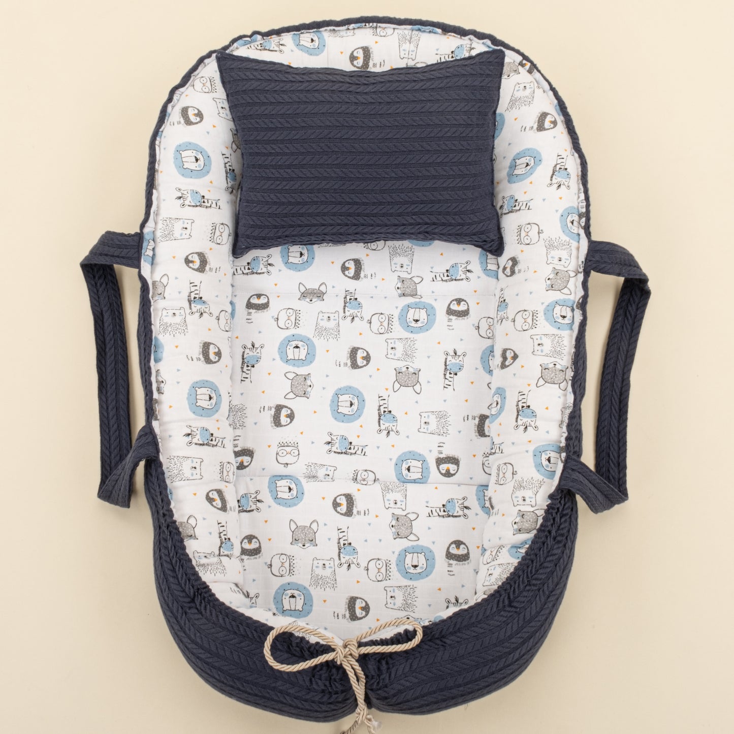 Babynest ve Yastık - Çift Taraflı - Lacivert Örgü - Mavi Aslan