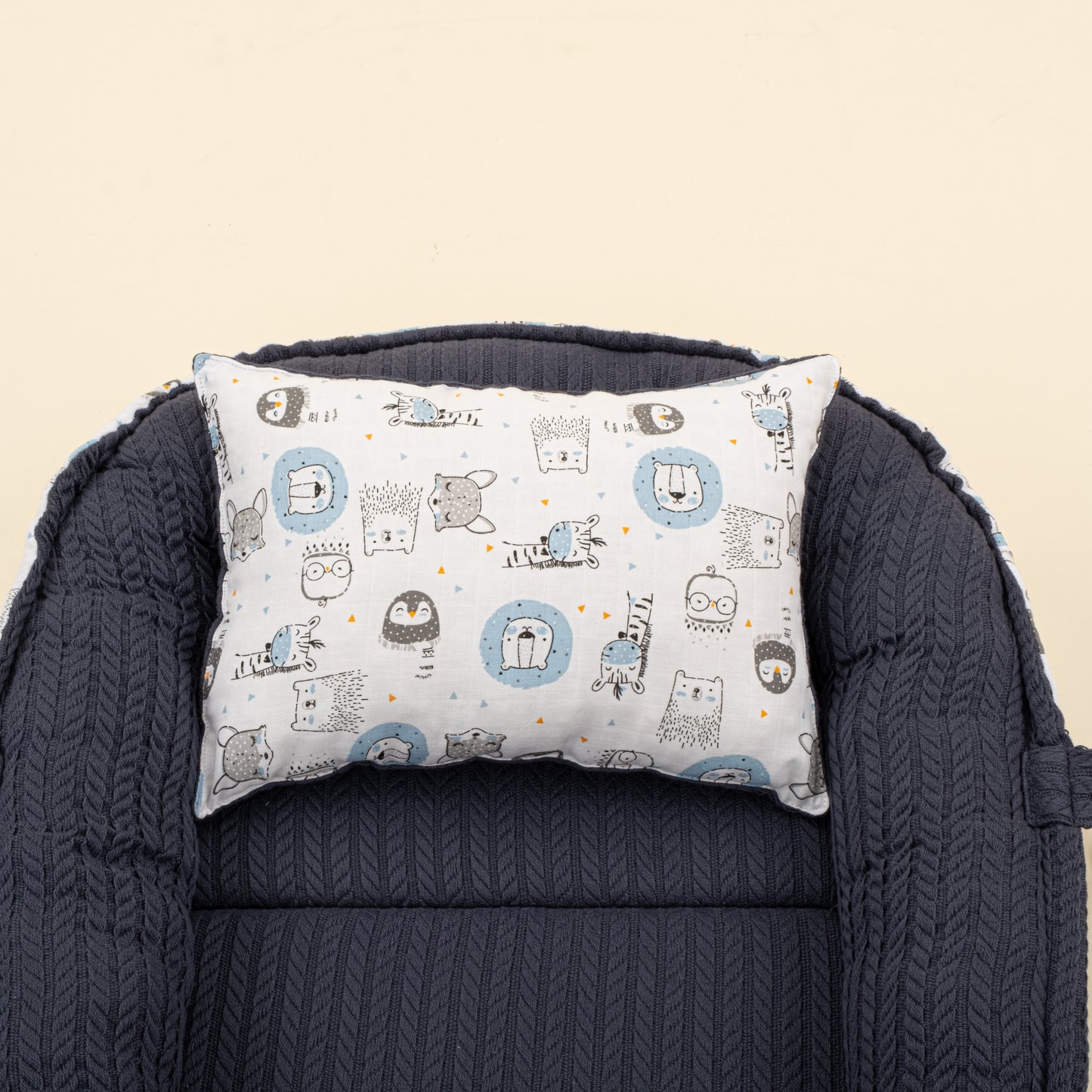 Babynest ve Yastık - Çift Taraflı - Lacivert Örgü - Mavi Aslan
